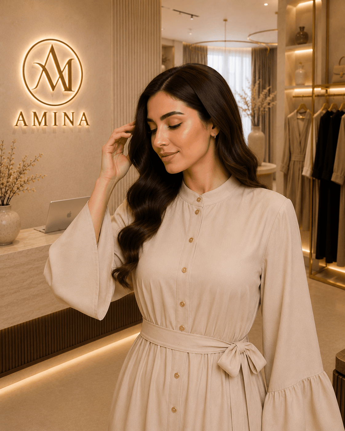 AMINA Premium Button Front Belted Maxi Dress